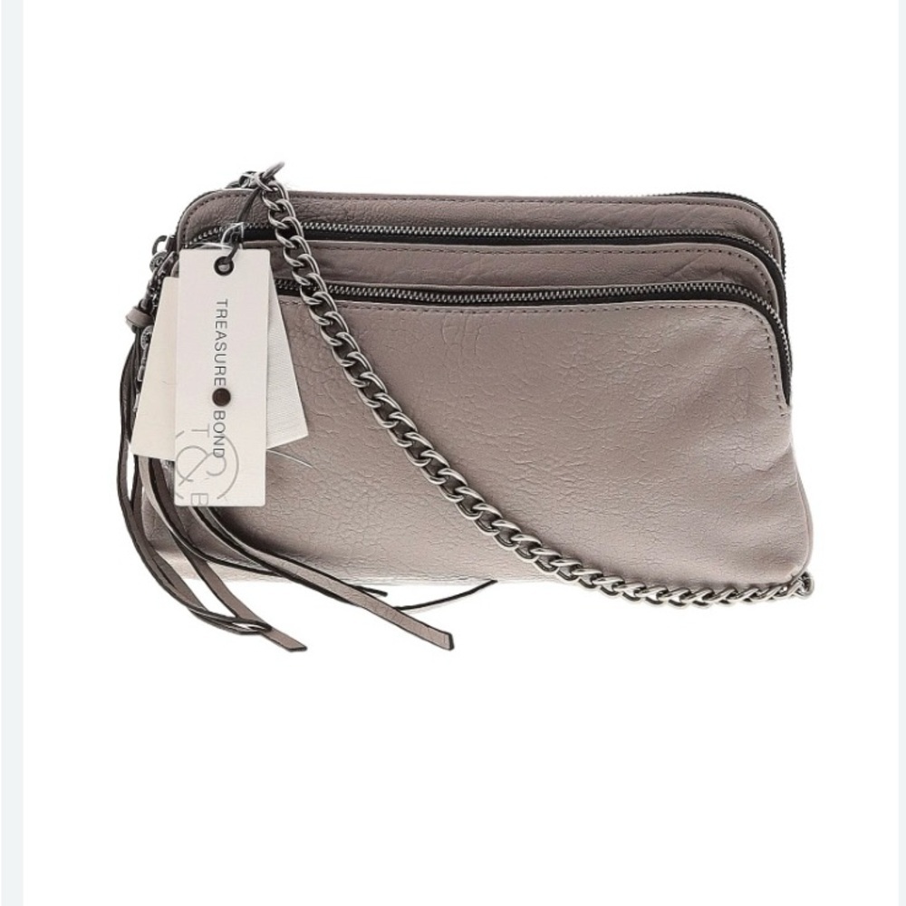Festival Treasure & Bond Gray Leather Crossbody Bag with Chain Detail